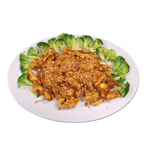 Hoshi Japanese Steakhouse's chicken with peanut sauce and crushed peanuts, surrounded by broccoli florets.
